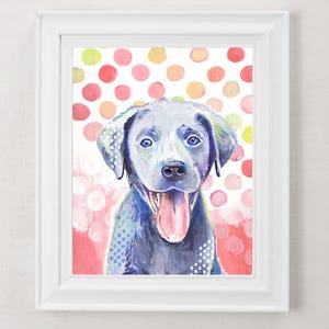 Grey Dog Art Print - Funky Labrador Retriever with Colorful Polka Dots - Hand Painted Art Print - Nursery Decor - Dog Illustration