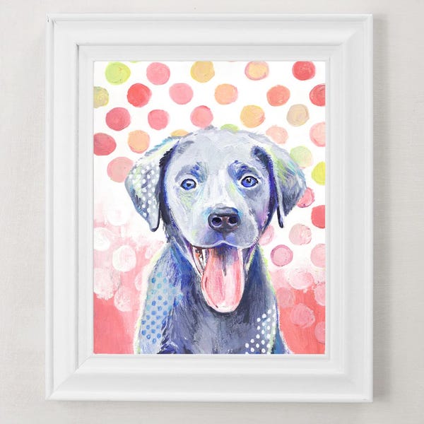Stampa artistica di cane grigio - Labrador Retriever funky con pois colorati - Stampa artistica dipinta a mano - Decorazione per la cameretta dei bambini - Illustrazione di cane