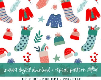 Herhaalpatroon kersttruien, petten, kousen (digitale png-download)