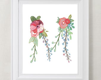 M - Bloemenprint kunstprint - Decor meisjes kinderkamer - Decoratieve botanische initiaal voor baby- of kinderkamer - kunst aan de muur jonggehuwde cadeau
