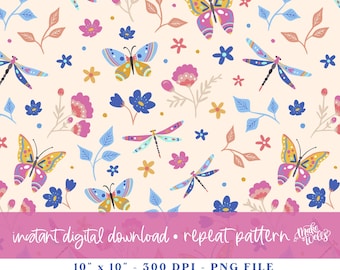 Herhaalpatroon vlindertuin: naadloos png-bestand (digitale download)