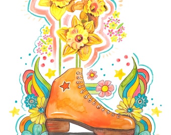 Let's Skate - Makewells Funky Floral and Rollerskate Art Print