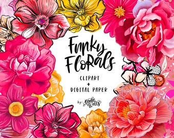 Funky Florals Clipart + Digital Paper Pack - Red, Orange, Yellow | 18 Floral PNG  | 10 Digital Papers | Junk Journal Supplies