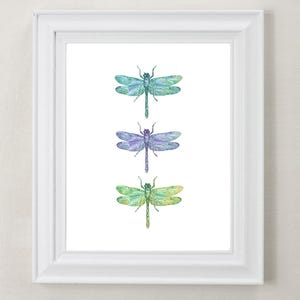 Watercolor Dragonfly Hand Painted Art Print - Green Blue and Purple Insect Home Decor - Watercolor and Collage Dragonfly Painting
