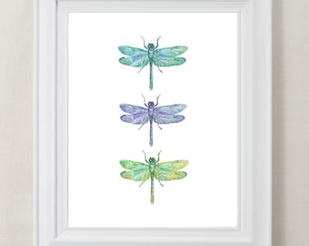 Aquarel libelle kunstafdruk: groen, blauw en paars insecten woondecoratie