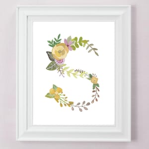 S - impression d'art lettre floral - décoration de chambre de filles - initiale botanique décorative - décoration murale de chambre de bébé ou d'enfant - art mural cadeau de jeunes mariés