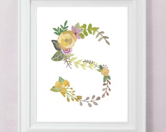 S - Floral Letter Art Print - Girls Nursery Decor - Decorative Botanical Initial - Baby or Child's Room Wall Decor - Newlywed Gift Wall Art