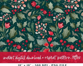 Snowy Botanical Christmas Greenery - Naadloos herhalingspatroon - 10" x 10" 300 DPI - png-indeling