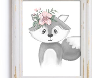 Cute Nursery Fox Print - with Flowers - Woodland Animals