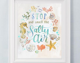 Kunstprint kust: zeepaardje, schelpen, koraal - Decor strandhuis