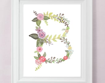 B - Bloemenkunstprint - Decor babykamer babymeisje - Decoratieve botanische initiaal - bloemen alfabet muurkunst print - pasgetrouwde muurkunst cadeau