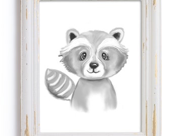 Cute Nursery Raccoon Print - Black and White - Woodland Animals