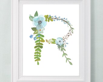 R - bloemenletterprint - decoratieve botanische initiaal voor kinderkamer muurdecoratie - bloemenalfabet - pasgetrouwde muurdecoratie cadeau