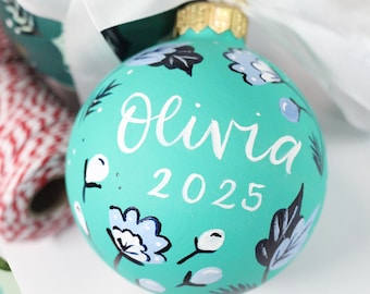 Custom Hand Painted Personalized Christmas Ornament - Ornament Keepsake - Custom Painted with Name, Florals and Greenery - Giftable Ornament
