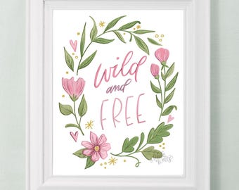 Wilde en gratis bloemenkunstprint: boho-meisje kinderkamerdecoratie