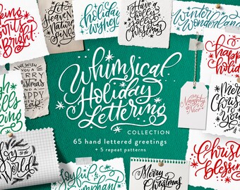 Holiday Lettering Clipart - Digital Download - Commercial License - Hand-Lettered Script with 5 Festive Floral Patterns