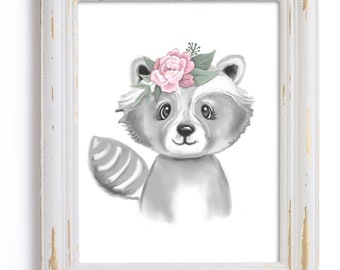 Cute Nursery Raccoon Print with Flowers - Black and White - Woodland Animals