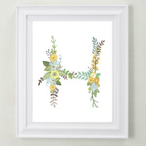 H - impression d'art lettre florale - décoration de chambre de filles - initiale botanique décorative - chambre de bébé ou d'enfant - art mural cadeau de jeunes mariés