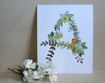 A - Floral Print - Initial Art Print - Floral Letter