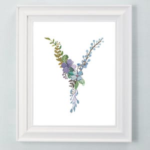 Y - impression d'art lettre florale - décoration de chambre de filles - initiale botanique décorative avec fleurs et verdure - décoration murale pour chambre d'enfant ou de bébé