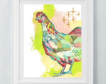 Ms. Chicken - Funky Chicken Art Print - Muurdecoratie boerderij - Helder kleurrijk schilderij kip - Muurkunst kip