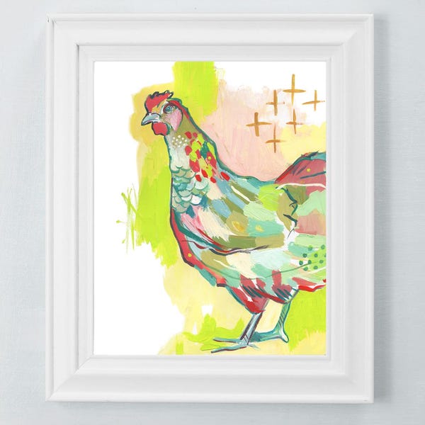 Ms. Chicken - Stampa artistica di pollo funky - Decorazione murale della fattoria - Dipinto di pollo colorato e luminoso - Arte murale di pollo