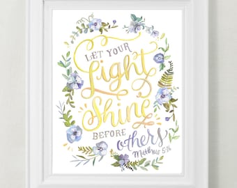 Laat je licht schijnen voor anderen - Bijbeltekst afdrukken - schriftmuurdecoratie - Mattheüs 5