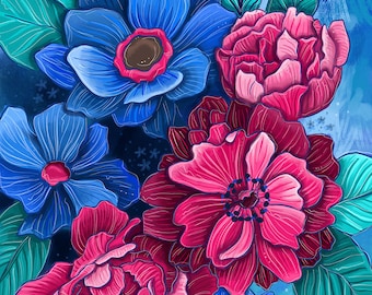 Bold Blue - Makewells Funky Floral Art Print