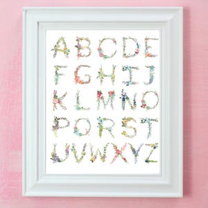 Alphabet floral imprimé - décoration de chambre de fille - décoration murale - alphabet décoratif pour chambre d'enfant ou de bébé - fleurs de l'alphabet