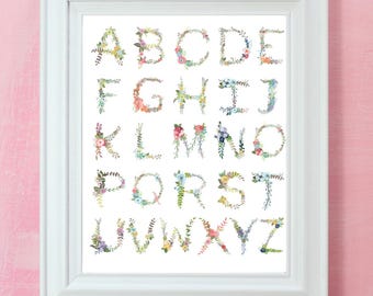 Alfabet bloemenprint: handgeschilderd kinderkamerdecor