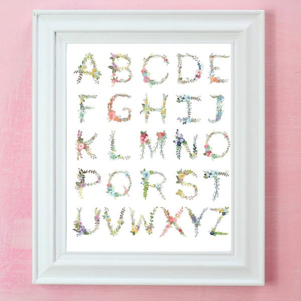 Alfabet bloemenprint: handgeschilderd kinderkamerdecor