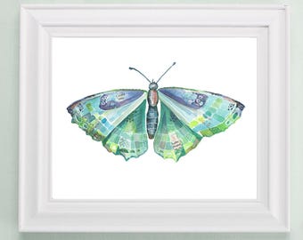 Aquarel vlinder kunstafdruk: groen collage insecten woondecoratie