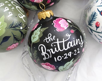 Newlywed Custom Hand Painted Personalized Christmas Ornament - Round 3" Ball Ornament - Custom Painted with Name, Florals and Greenery