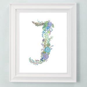 J - impression d'art lettre florale - décoration de chambre de fille - décoration murale - art mural initial décoratif - chambre de bébé ou d'enfant - cadeau de jeunes mariés
