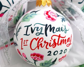 Hand Painted Baby's First Christmas Ornament: Personalized Floral Ceramic