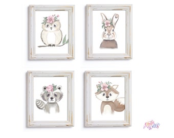 Woodland Animal Nursery Print Set of 4 - Owl Bunny Fox Raccoon Art Print with Flowers- Woodland Creatures