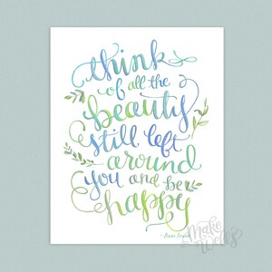 May include: Watercolor print with a quote by Anne Frank: "Think of all the beauty still left around you and be happy."