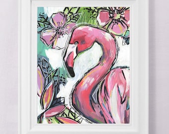 Flamingo - Fine Art Print - Flamingo schilderij - Funky muurdecoratie kust - Heldere en kleurrijke flamingo muurkunst