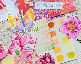Summer Brights Pink, Orange and Yellow -  Scrap Pack | Junk Journal Supplies, Mixed Media Collage Kit