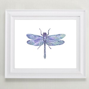 Watercolor Dragonfly Hand Painted Art Print - Violet Purple Insect Home Decor - Watercolor and Collage Dragonfly Painting - Bug Wall Decor