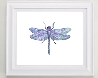 Kunstprint aquarel libel: muurdecoratie violet paars insect