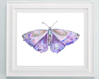 Aquarel vlinder kunstafdruk: paars violet collage insectendecor