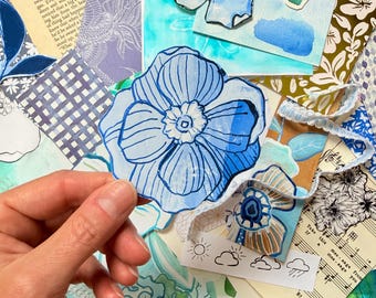 Something Blue Floral Ephemera Pack | Mystery Hand Painted Junk Journal Kit | Blue Green Ephemera | Mixed Media Art Supplies | Collage Kit