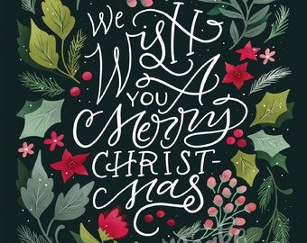 Botanical Wishes - We Wish You a Merry Christmas Art Print by Makewells