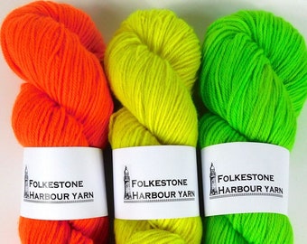 Fluorescent Orange Yellow or Green Wool Yarn DK Merino 100g      Choice of 3 colours