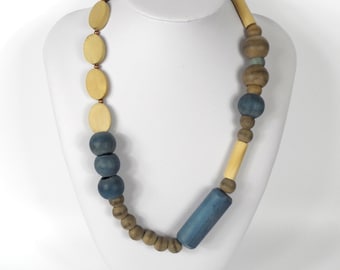 Chunky Wooden Bead Necklace 20"       Naturally Dyed       Assymmetric Blue & Brown