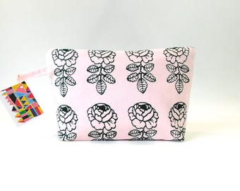 Marimekko Vihkiruusu Fabric Zip Pouch in Pale Pink Black      2 options      size Large 10"
