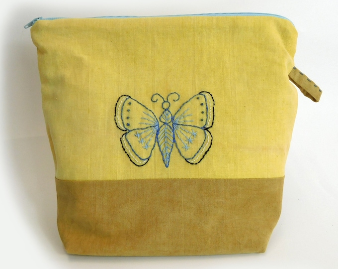 Naturally Dyed Hand Embroidered Yellow Blue Folk Butterfly Zip Bag Pouch  with pocket  10" x 9" x 3"