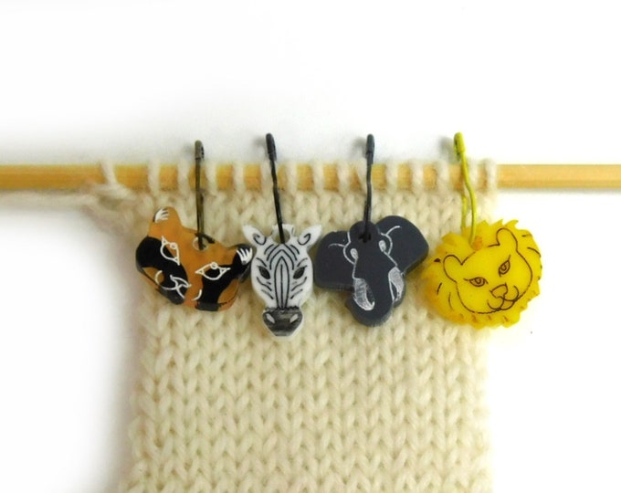 Safari Animal Stitch Markers Version 1      Set of 4       Leopard  Elephant Zebra Lion