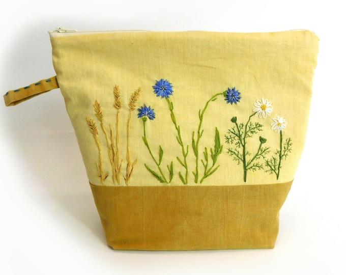 Naturally Dyed Hand Embroidered Yellow Cornflower Zip Bag Pouch  with pocket  10" x 9" x 3"